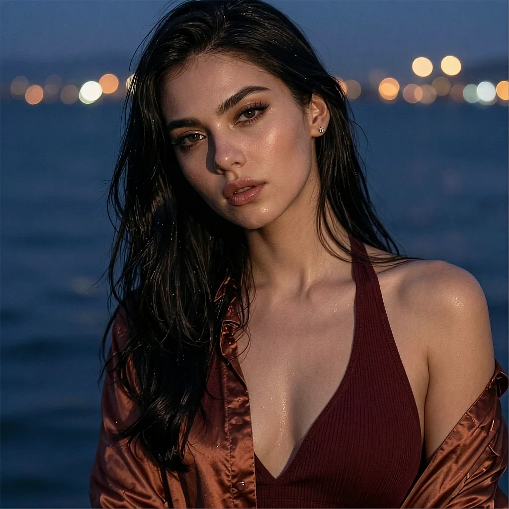 Selector key B-02: brunette fictional AI character in coral light on a dark balcony