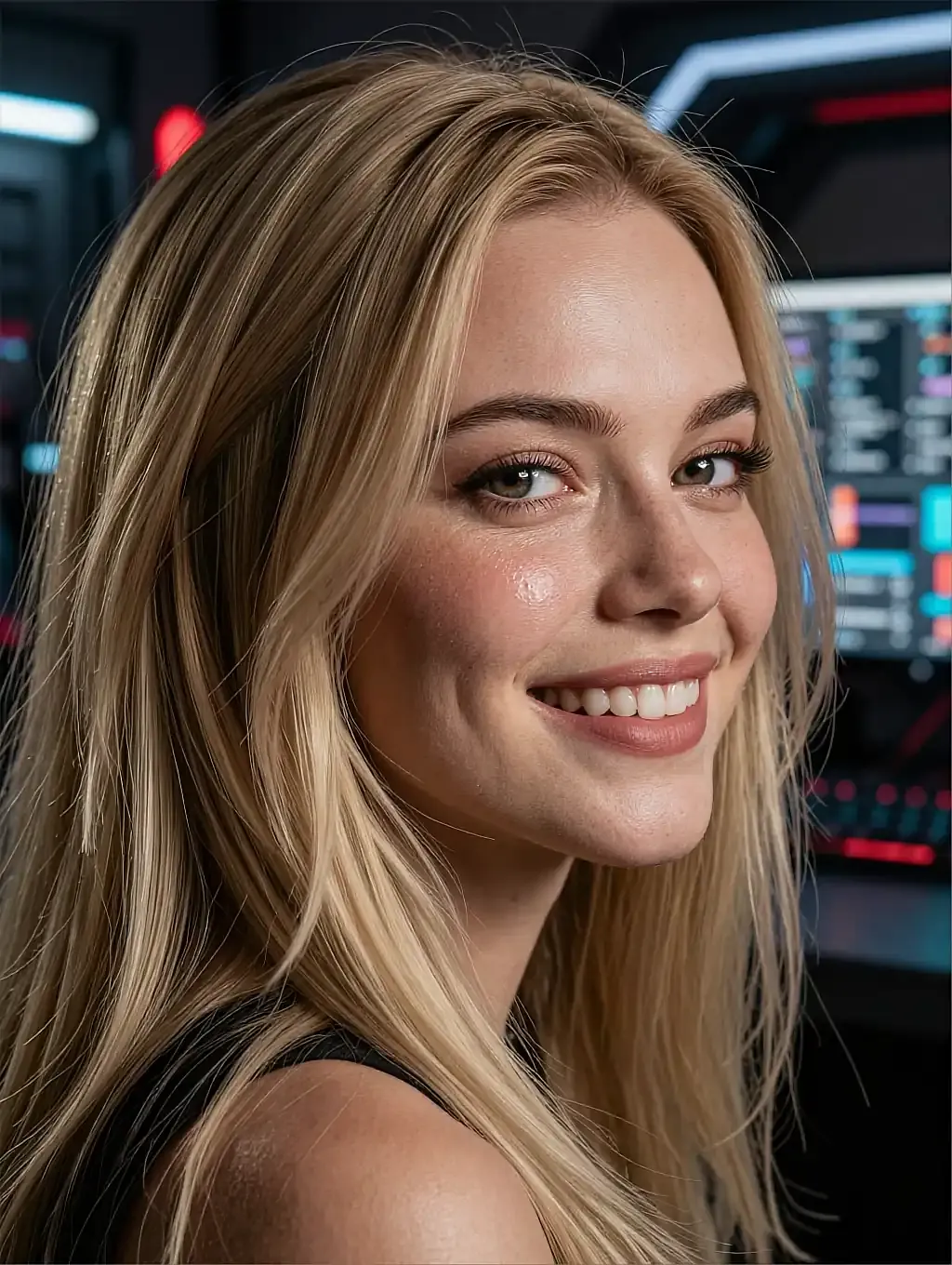 Barbara, a fictional AI character, standing by a dark window at night